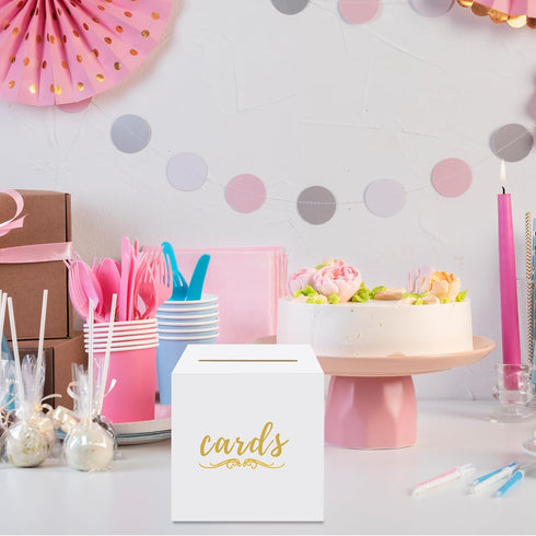 White Card Box - Cardboard Box for Birthday, Bridal, Baby Shower, Graduation, Funeral, Gold Card Box with Slot