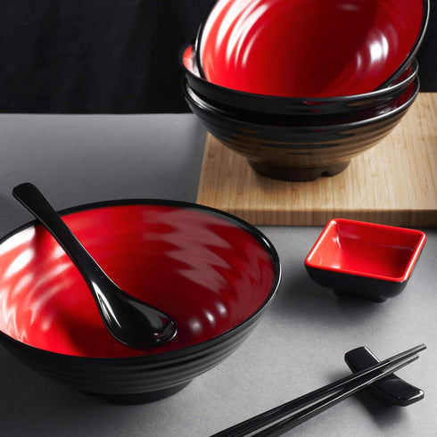 Unbreakable Ramen Bowl Set: 1 Large Japanese Style Melamine Ramen Bowl, Dipping Bowl, Chopsticks, Red-Black