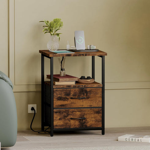 Fixwal Night Stand with Charger Station, Nightstand with Charging Station & Fabric DrawersRustic Brown