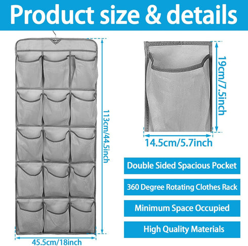 2Pcs 30 Closet 360 Large Pockets Dual Sided Hanging Shoe Organizer for Shoe Storage Shelves with Rotating Hanger Space
