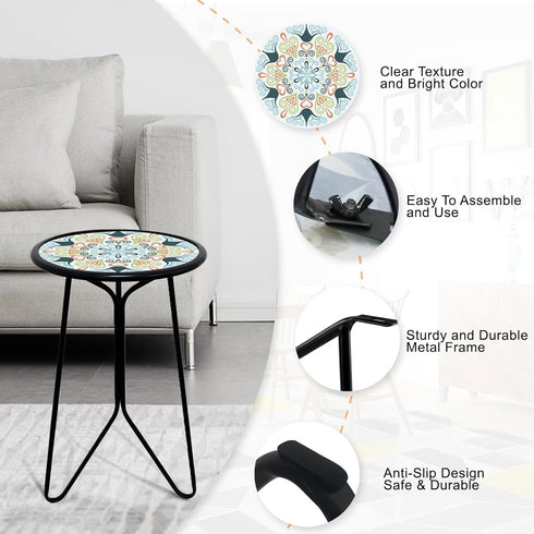 12" LIFFY Patio Side Table, Outdoor Metal Side Table with Glass Top, Indoor Round Accent End Table for Living Room