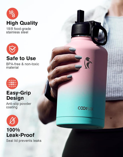 Water Bottle Insulated 64 oz with Straw & 3 Lids, Coolflask Half Gallon Metal Jug, Non-BPA