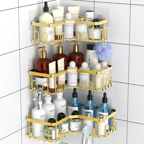Menbyci 3 Pack Corner Shower Caddy, Adhesive Bathroom Shelves with 18 Hooks, Drill-Free