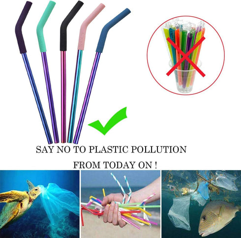 Senneny Set of 5 Stainless Steel Straws - Colorful with Silicone Flex Tips, 2 Cleaning Brushes and Portable Bag Included