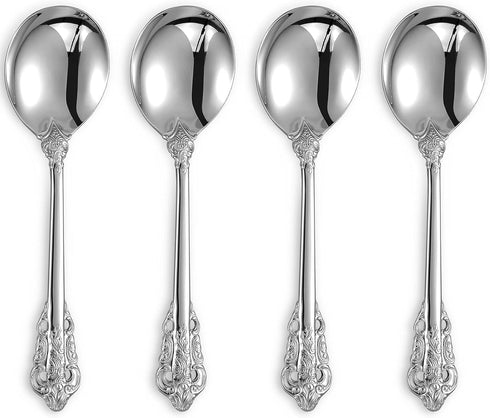 KEAWELL Gorgeous Round Soup Spoon Set of 4, 18/10 Stainless Steel, Luxury Bouillon Spoon, Dishwasher Safe