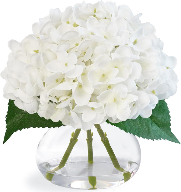 Hydrangea Artificial Flowers in Glass Vase, White Silk Fake Flowers Silk Centerpiece