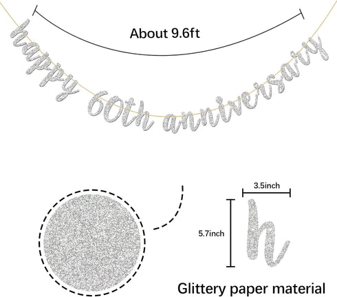 Glitter Silver Happy 60th Anniversary Banner - Sixty Sign for Birthday and Wedding Party Bunting Decoration
