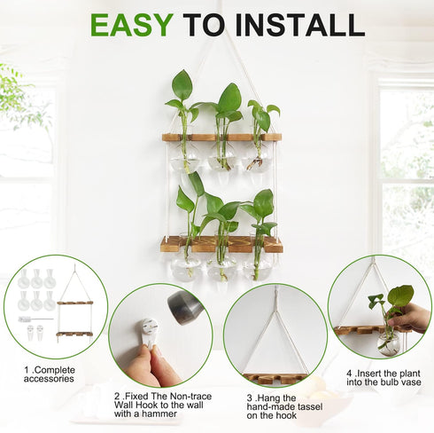 2 6 Bulb Renmxj Plant Propagation Station Wall Hanging, Plant Terrarium with Tiered Wooden Stand for Hydroponics