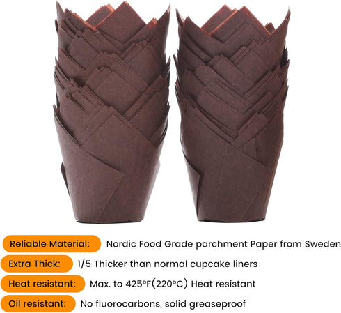 Nordic Paper 200pcs Brown Tulip Cupcake Liners, Standard Size Baking Cups, EU Parchment Paper Muffin Liners