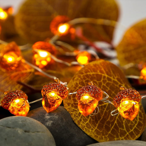 Impress Life Thanksgiving Acorn String Lights - 10ft Silver Wire 40 LED Battery Powered with Remote Timer