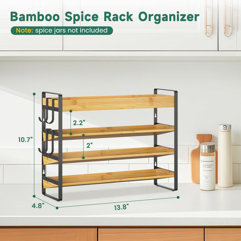 Countertop, 4 4 EsLuker.ly Spice Seasoning Rack Organizer Kitchen Tier Bamboo Spice Shelf Holder Storage with Hooks