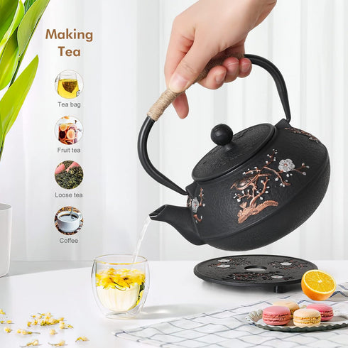 4 Set Japanese Style Cast Iron Teapot with Tea Cups Trivet Tetsubin Tea Kettle with Infuser Chinese Tea for Adults Iron