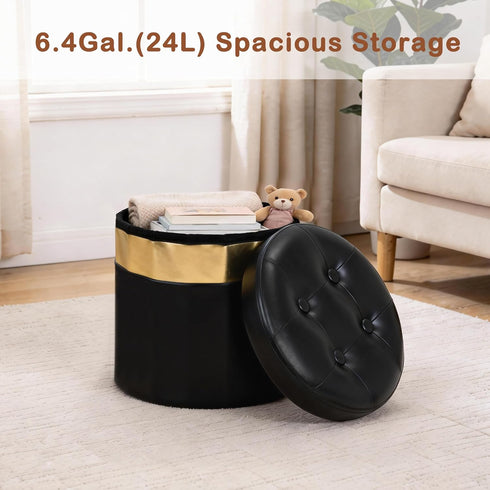 Room13x13x12.4(YZblack,1pcs) xuperbonus Small Ottoman with Storage,Folding Round Ottoman with Gold Trim,Velvet Storage