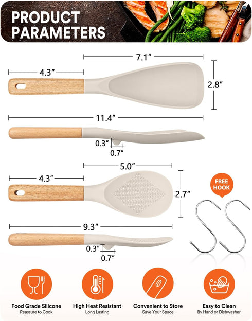 Cooking Spoon and Rice Scooper for Nonstick Cookwares, Great for Cooking and Serving Durable BPA-Free Matte Silicone, Wood Handle Spoon for Mixing, Scoop, and Scrape (Khaki)