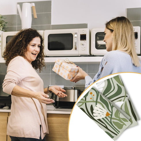 ArtisaEura Set 2, 70s 16x24 Inch Abstract Boho Sage Green Floral Kitchen Towels of Retro Groovy Boho Botanical Dish Tea