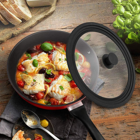 Universal Lid for Pots, Pans, and Skillets, Tempered Glass with Heat Resistant Silicone Rim, Black