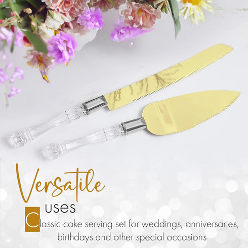 Cake Knife and Server Set, Gold Blade & Faux Crystal Handle Wedding Cake Cutting Set for Party & Anniversary