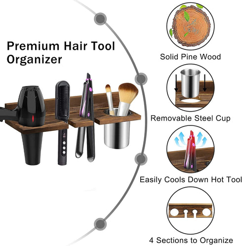 Wall Mounted Hair Tool Organizer, Wooden Blow Dryer Holder for Bathroom, Rustic Styling Tools Organizer for Hair Tools