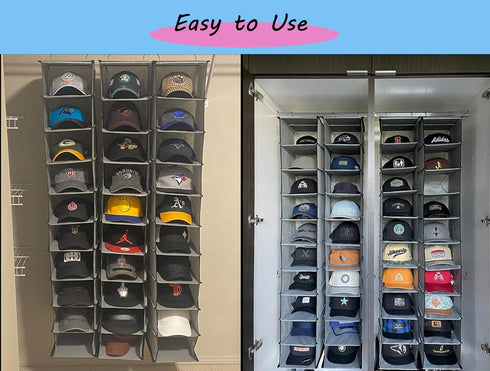 GRANDAN Hat Rack with Upgrade Metal Hooks, 10 Shelf Hanging Closet Organizer for Baseball Caps, Gray