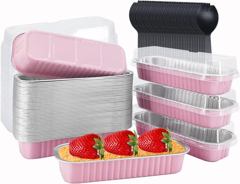LNYZQUS Mini Loaf Pans with Lids, 50 Pack, 6.8oz Rectangle Aluminum Foil Baking Tins for Mini Cake, Bread Loaf - Pink