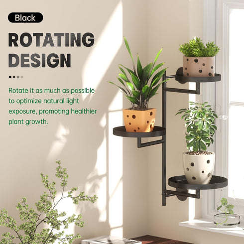 3-Tier YQSLYSF Window Rotating Plant Stand Shelf Indoor Black Metal Floating Shelves Wall Mount Plant Holders