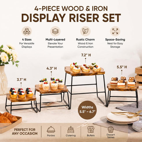 4 ZENFUN Piece Wood Buffet Risers, Dessert Table Risers Food Display Riser, Pizza Pan Riser, Cupcake Stand & Wood