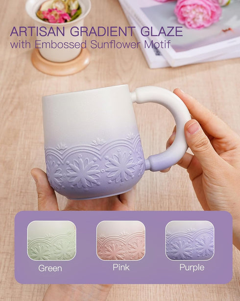 11 oz ZENS Tea Mug with Infuser and Lid for Loose Leaf Tea Steeper, Embossed Ceramic Tea Cup with Strainers. Wood Lid