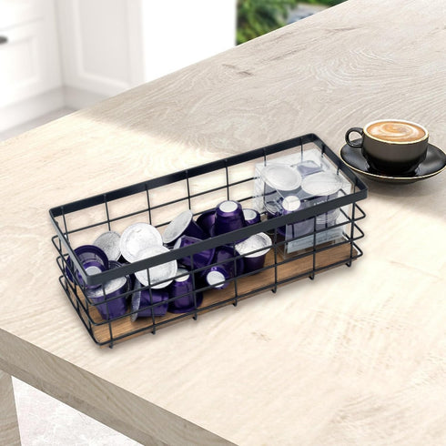 TIEYIPIN Black Metal Wire Storage Baskets with Wood Bottoms, Set of 2 Bathroom Organizer Bins, Includes 2 Bonus