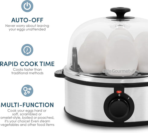 Elite Gourmet EGC648 Electric Poacher, 7 Egg Boiler Cooker with Auto Shut-Off, Stainless Steel, BPA Free