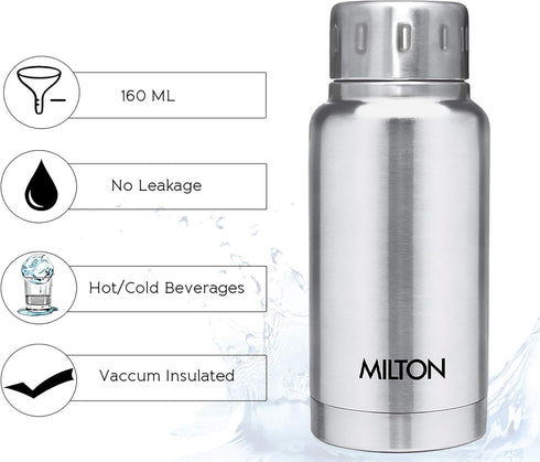 Milton Insulated Water Bottle, 5.4 oz (160 ml), Stainless Steel, Leak-Proof, Elfin 160 Silver