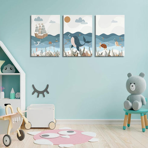 3Pcs 12x16 Inch SUAXTCCR Nautical Nursery Canvas Wall Art Blue Beach Animal Wall Decor Pictures Ocean Kids Room Sea