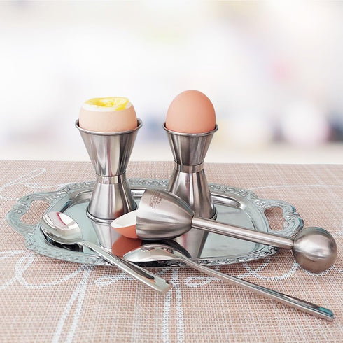 18/8 Set 2 NobleEgg Egg Cups for Soft Boiled Eggs, All Sizes, Topper, Spoons, Stainless Steel