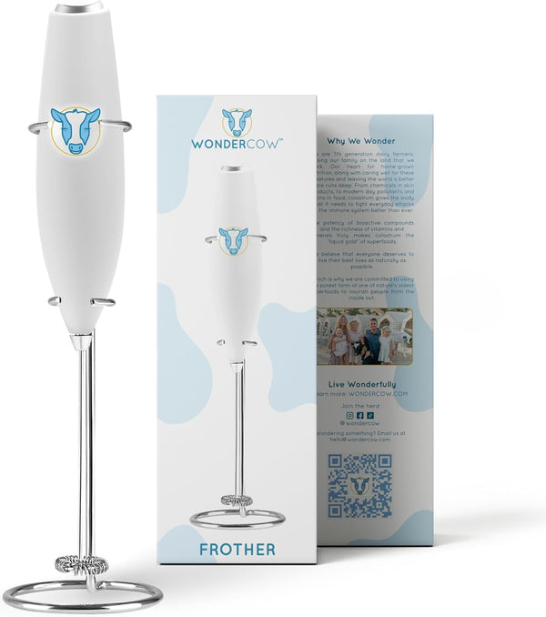 Hand Mixer Milk Frother, Stainless Steel Electric Matcha Whisk, Battery Operated for Coffee, Greens, Protein (White)