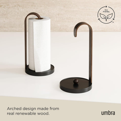 Countertop, Umbra Bellwood Paper Towel Holder for Kitchen with Real Wood Stand and Weighted Metal Base, Black/Walnut