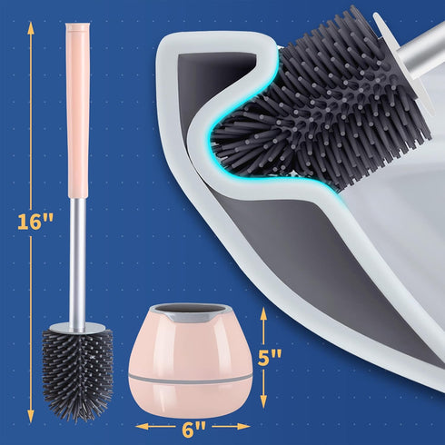BOOMJOY Toilet Brush and Holder Set, Silicone Toilet Bowl Cleaner Brush with Tweezers for Bathroom Cleaning, Pink