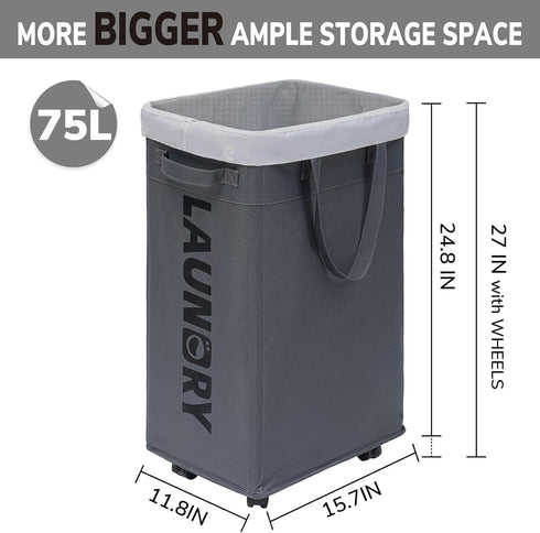 Wheels,75L CHICVITA Rolling Laundry Basket with Large Collapsible Laundry Hamper with Removable Wash Bag Space
