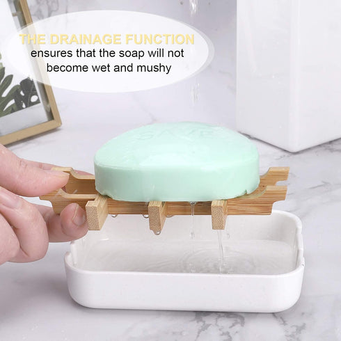 Bamboo Wooden Soap Dishes for Bathroom - Bar Soap Holder Shower Tray (Two Pieces, White)