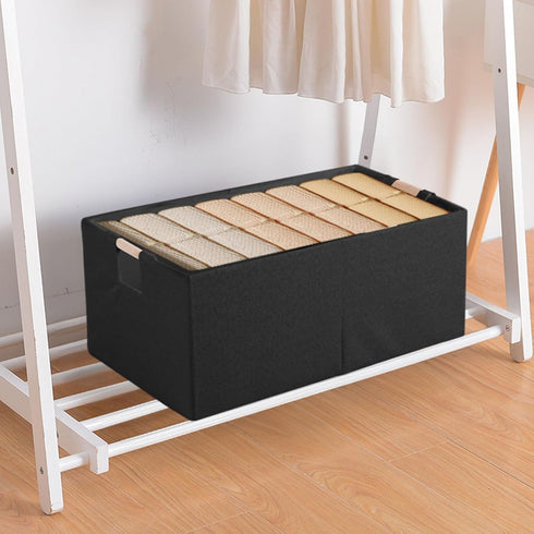 Foldable Cotton Linen Fabric Storage Bin Box with Wooden Handles, Decorative Home Laundry Organizer for Clothes, Blanket