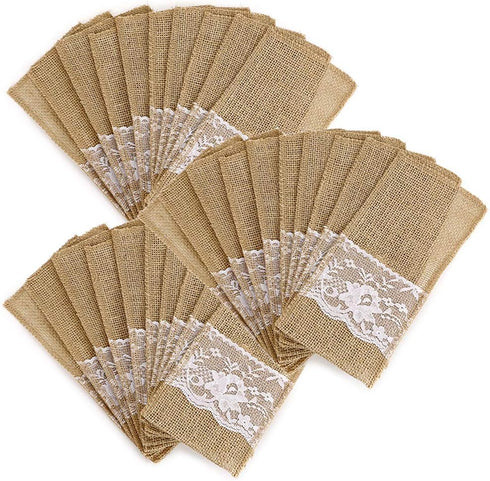 OwnMy Natural Burlap Utensil Holders, Beige 30 Packs Burlap Lace Silverware Holder for Vintage Rustic Wedding Party