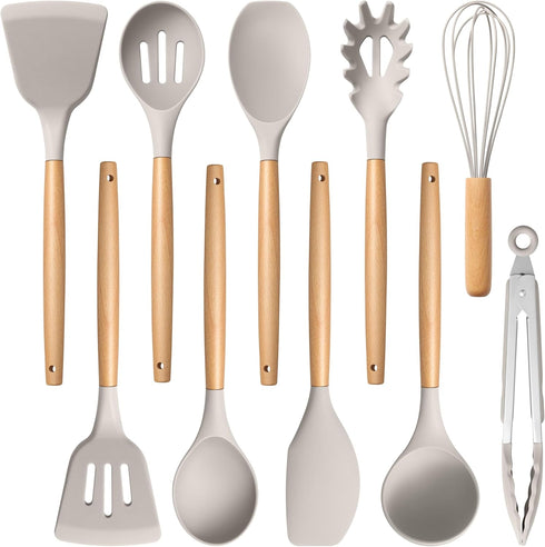 E-far Silicone Cooking Utensils Set, 10-Piece Heat Resistant Kitchen Tools with Wooden Handle