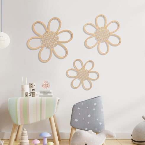 Maitys Set 3, Boho Wall Decor of Wood & Rattan Daisy Flower Wall Hanging Art, Boho Nursery Decor for Bedroom Living