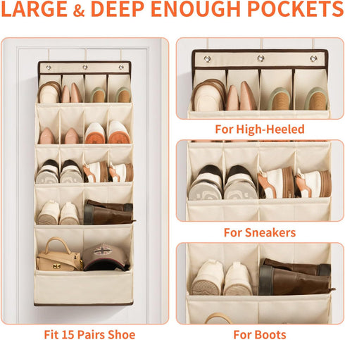 1 Pack Closet 18 FENTEC Over the Door Shoe Organizers, Hanging Shoe Organizer with Large Deep Pocket Shoe Holder