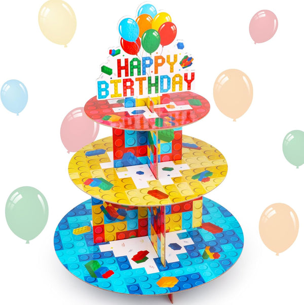 Hooqict Building Block Cupcake Stand, 3 Tier, Cardboard, Multicolor, for Blocks Party,