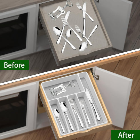 Silverware Organizer, Plastic Utensil Holder for Kitchen Drawer, 6 Compartment Flatware Organizer, White