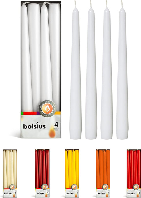 BOLSIUS White Taper Candles, 4 Pack Unscented 10 Inch Dinner Candles, 8 Hours Burn Time for Home Decor