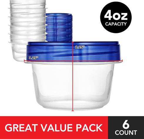 Stock Your Home 4oz Plastic Containers with Twist Top Lids (6 Pack), 1/2 Cup Small Freezer Containers for Leftover Food, Airtight Reusable Soup Containers with Lids, Microwave and Dishwasher Safe