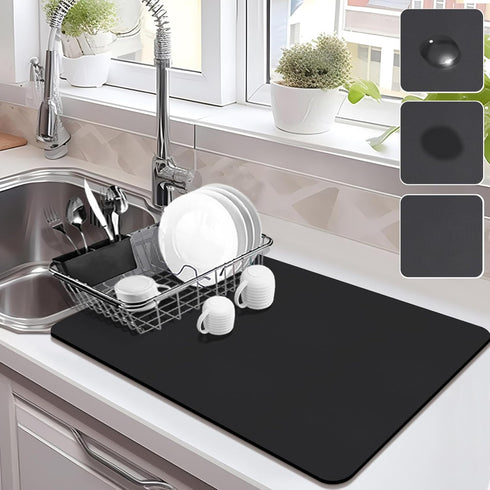 Drying Mat for Kitchen Countertops, Absorbent Rubber Backed Dish Drying Mat (Black, 16"x24")