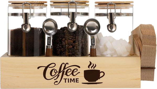 Glass Coffee Canister Set with Shelf & Spoons - 3 Piece Airtight