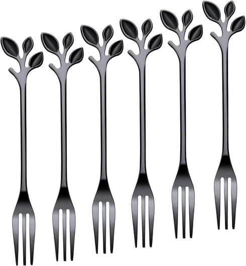 Appetizer Cake Fruit Forks Set of 6, Black Leaf Cocktail Picks for Tasting Dessert, Kitchen Accessory for Parties