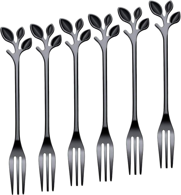 Appetizer Cake Fruit Forks Set of 6, Black Leaf Cocktail Picks for Tasting Dessert, Kitchen Accessory for Parties